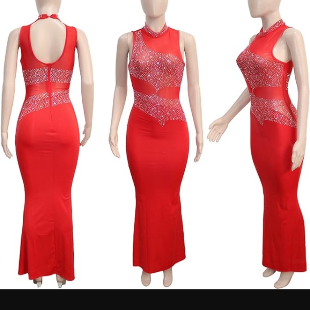 Turtleneck Mesh Rhinestone Paneled Bodycon Party Clubwear Dress